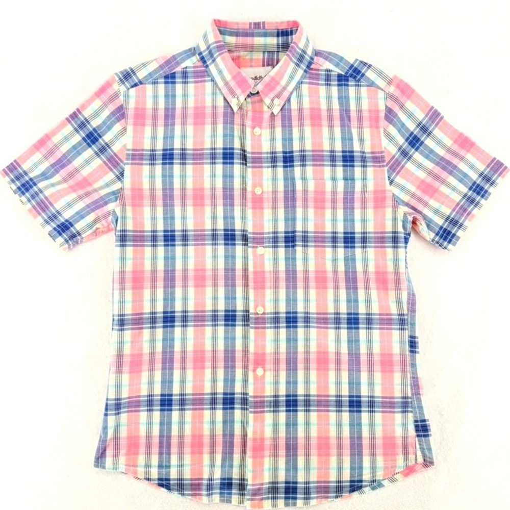 Goodfellow‎ Mens Small Short Sleeve Plaid Button Down Preppy Shirt Pink Blue